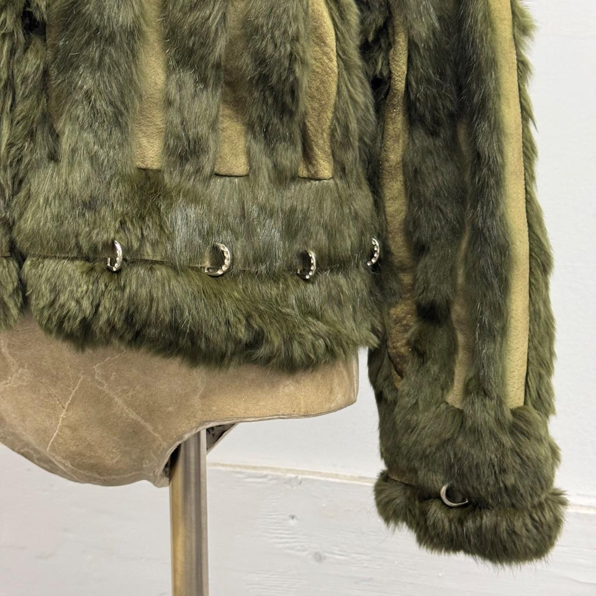 Vintage Y2K Green Rabbit & Fox Fur Pierced Jacket Coat