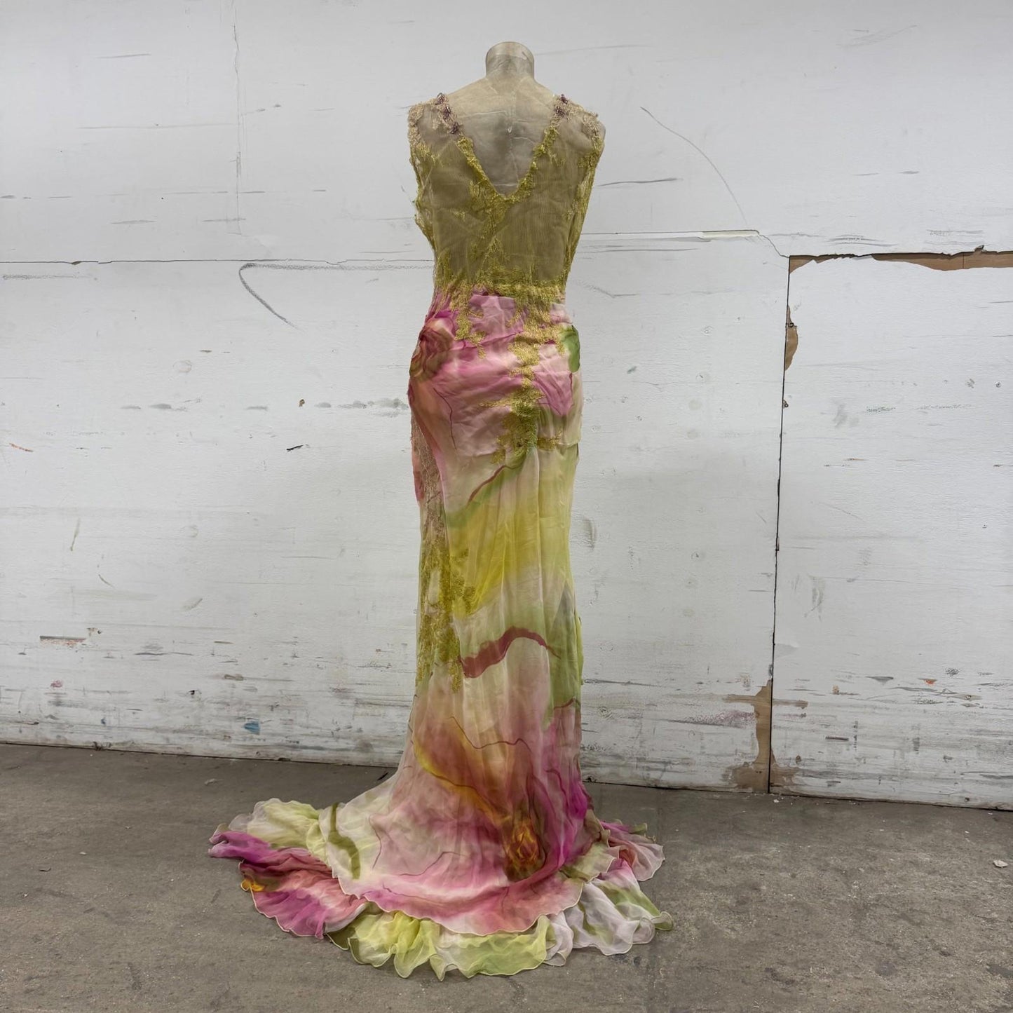 Vintage Y2K European Beaded Silk Lace Ombré Gown Dress Detachable Sleeves