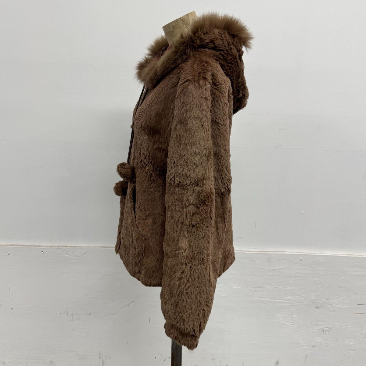 Vintage Y2K Reversible Hooded Brown Rabbit & Fox Fur Jacket Coat