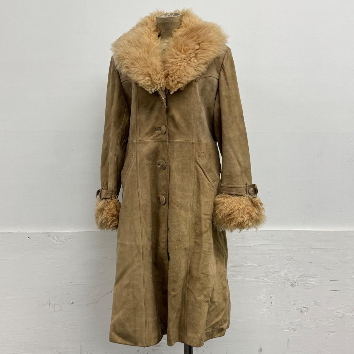 Vintage 1970s Tan Suede Afghan Trench Coat Mongolian Lamb Trim