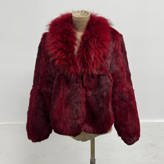 Vintage Burgundy Red Y2K Rabbit & Raccoon Fur Jacket Coat
