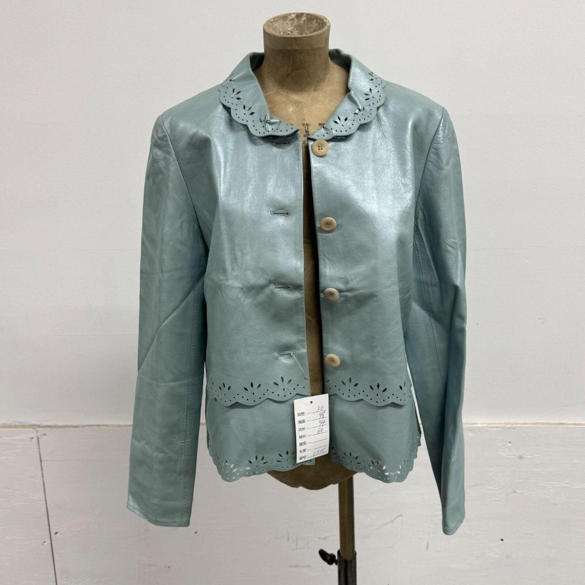 Japanese Vintage Metallic Blue Laser Cut Lace Leather Jacket