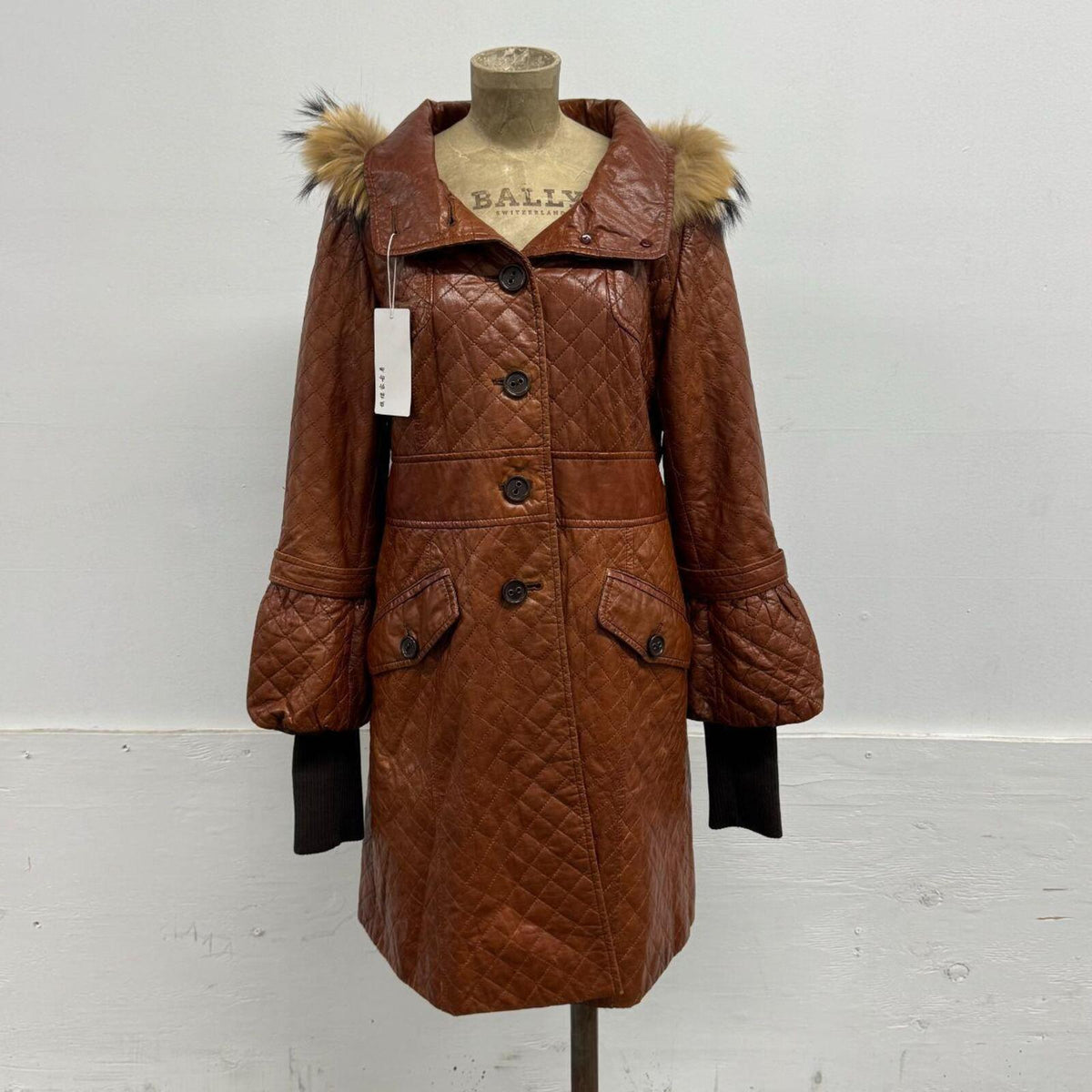 Vintage Cognac Brown Longline Detachable Hood Quilted Leather Jacket