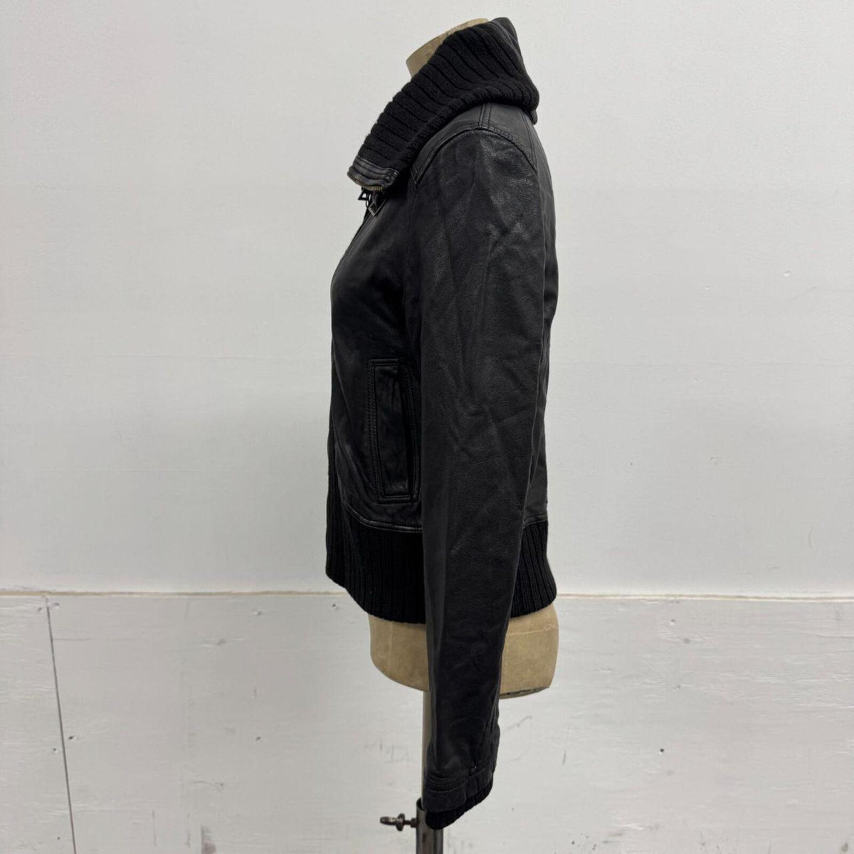 Vintage Black Funnel Neck Asymmetric Avant Garde Leather Jacket