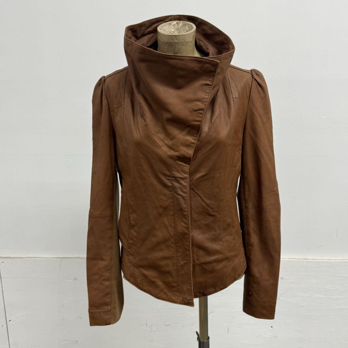 Vintage Tan Funnel Neck Asymmetric Avant Garde Leather Jacket