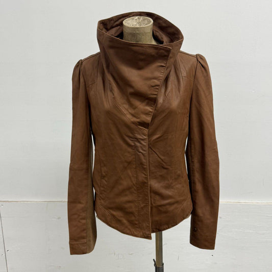 Vintage Tan Funnel Neck Asymmetric Avant Garde Leather Jacket