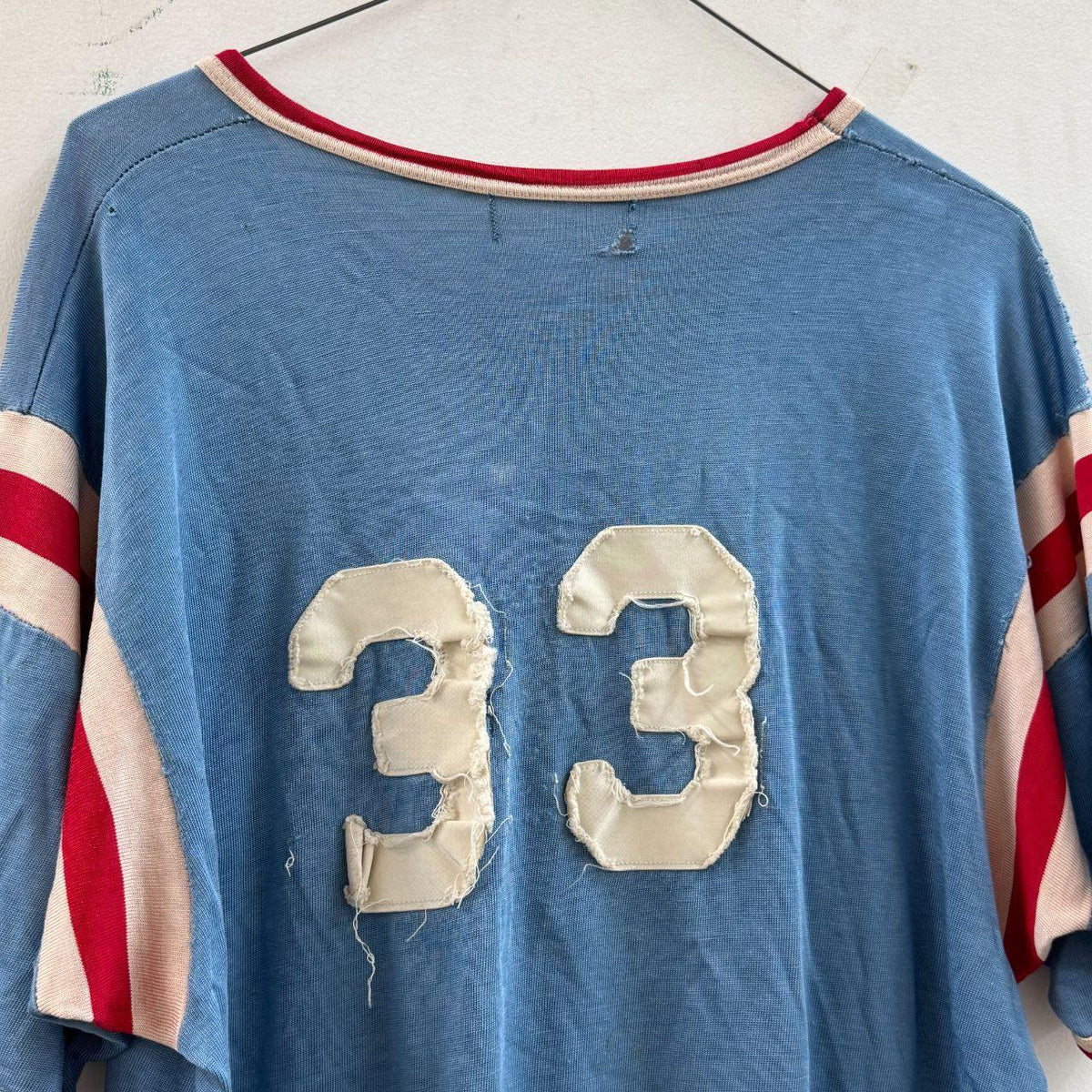 Vintage 1970s Faded Blue Stitched Patch "33" Ringer Athletic Jersey