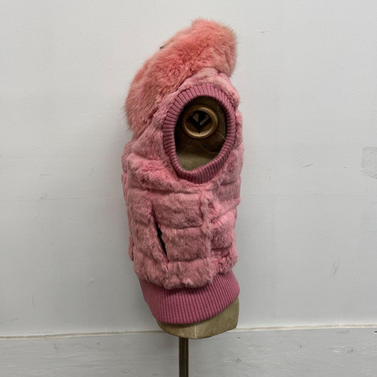 Vintage Y2K Bubblegum Pink Real Rabbit & Fox Fur Knit-Trimmed Zip Vest