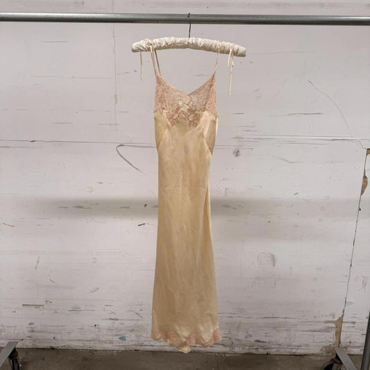 Vintage 1930s Cream Silk Satin Slip Dress Bias Cut Floral