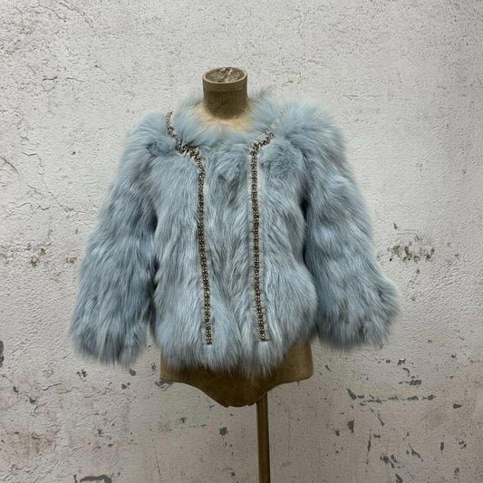 Vintage Y2K Beaded Ice-Blue Fox Fur Cropped Jacket Coat
