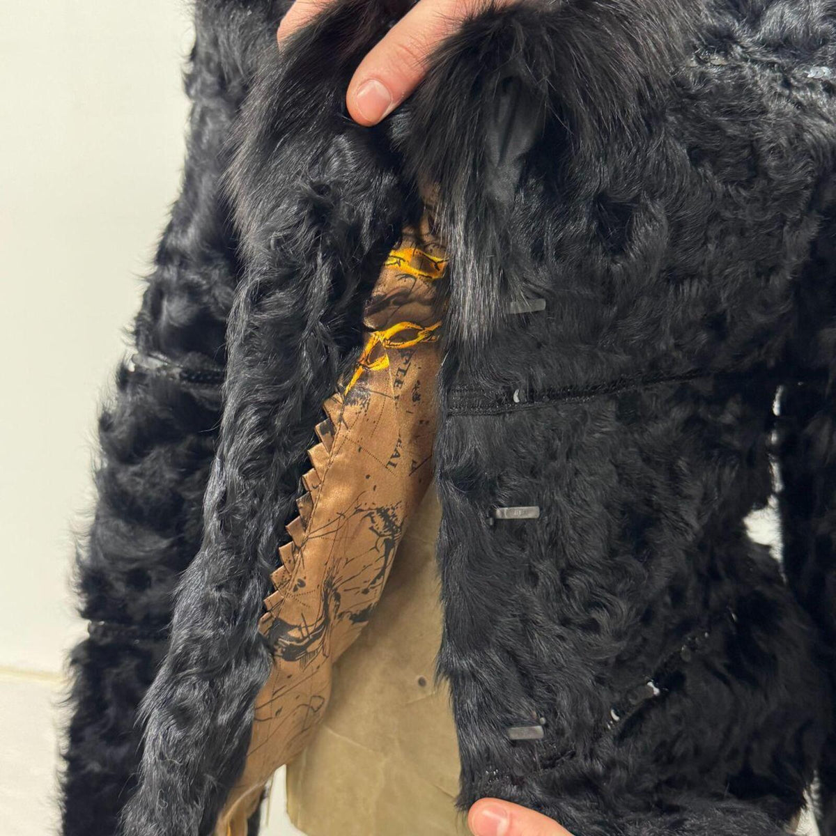 Vintage Black Sheepskin Wool & Fox Fur Coat