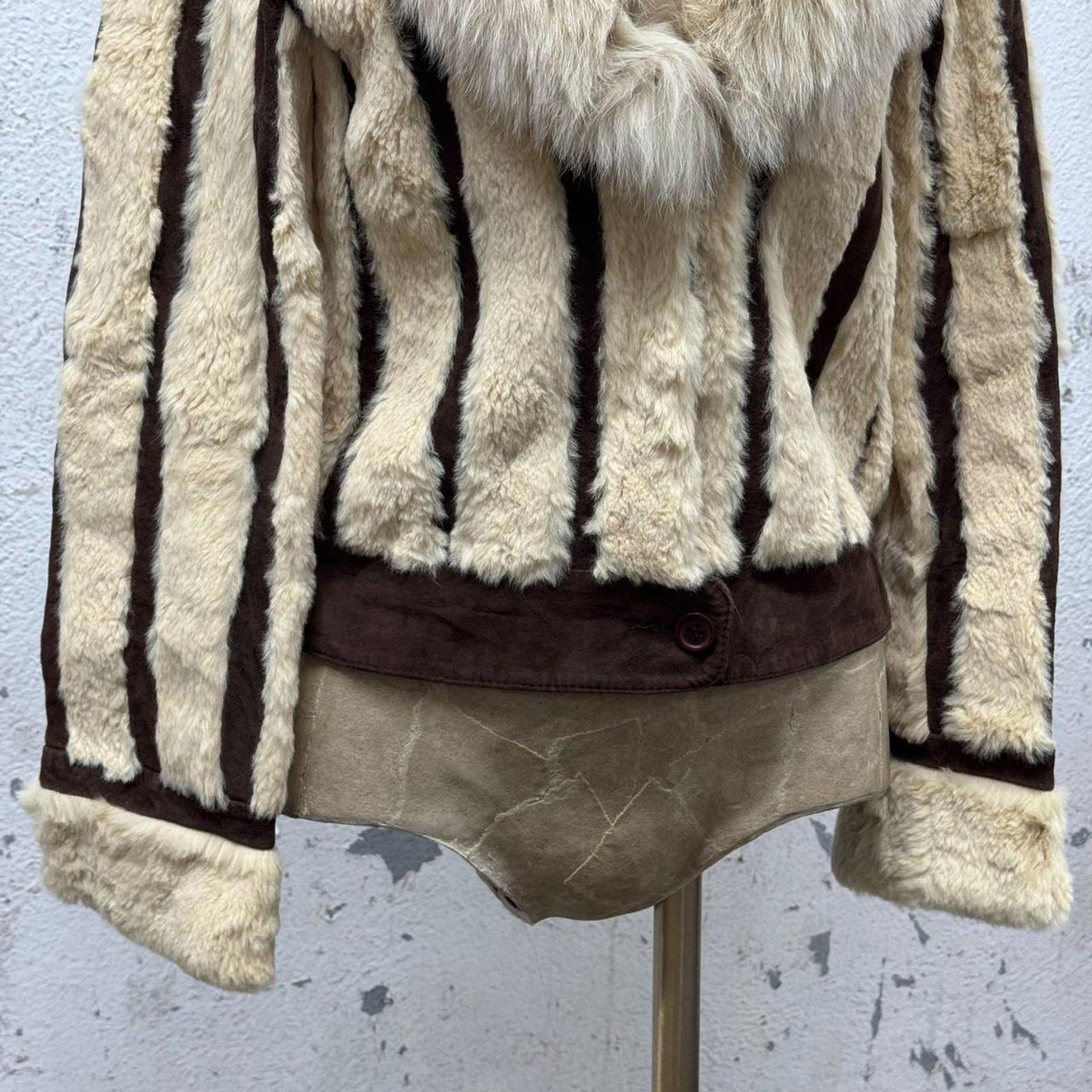 Vintage Y2K Striped Rabbit Fur & Suede Jacket Fox Collar Coat