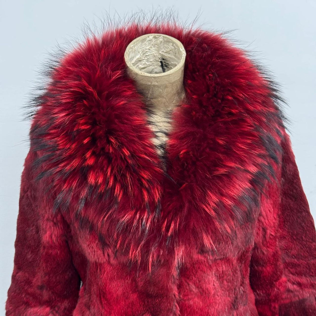 Vintage Burgundy Red Y2K Rabbit & Raccoon Fur Jacket Coat