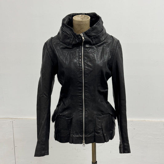 Vintage Black Funnel Neck Asymmetric Avant Garde Leather Jacket