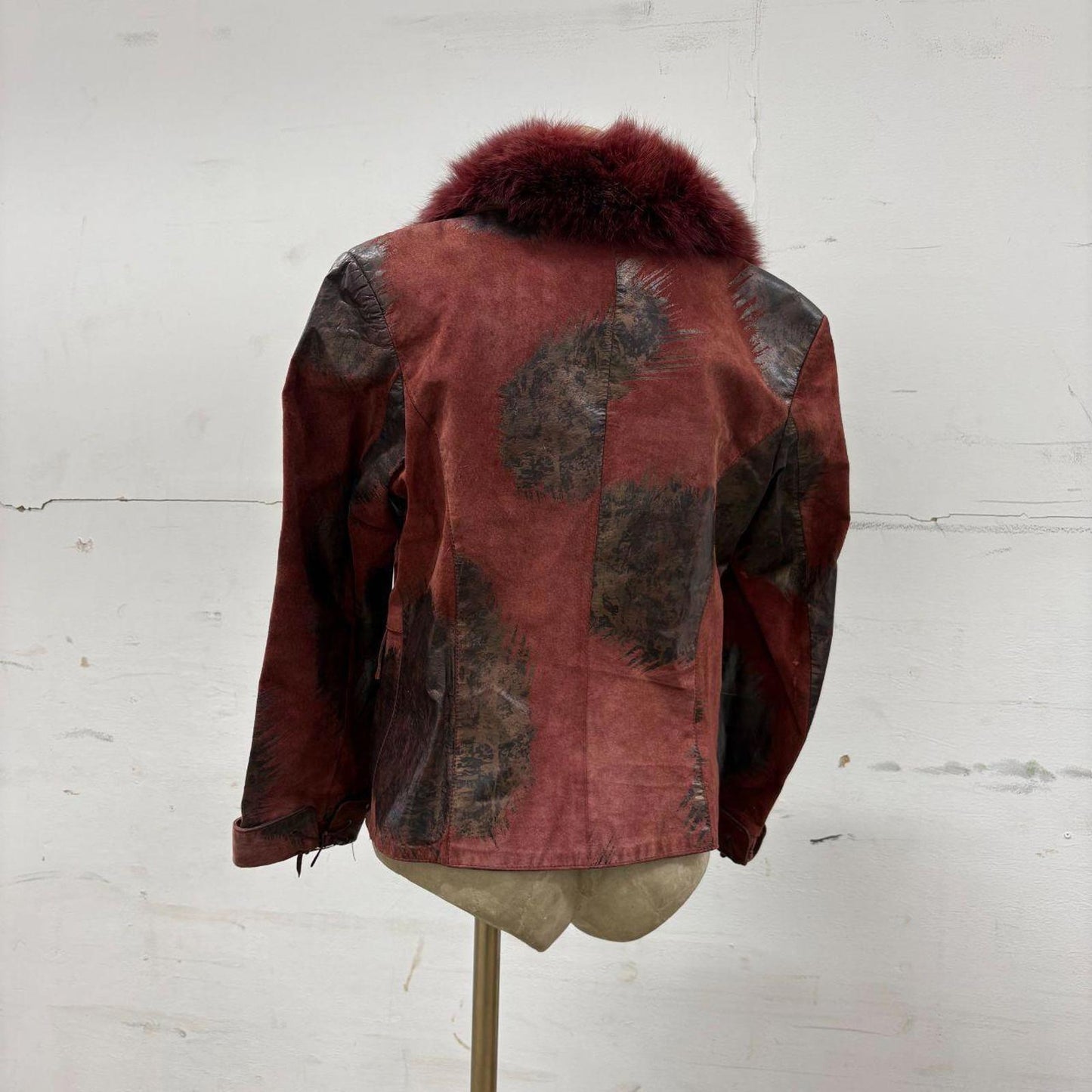 Y2K Vintage Red Patchwork Suede Moto Jacket Fox Fur Collar