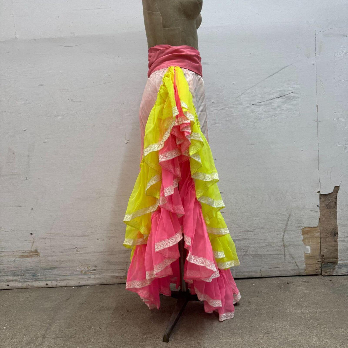 Vintage Broadway Costume 70s Neon Ruffle Maxi Wrap Skirt