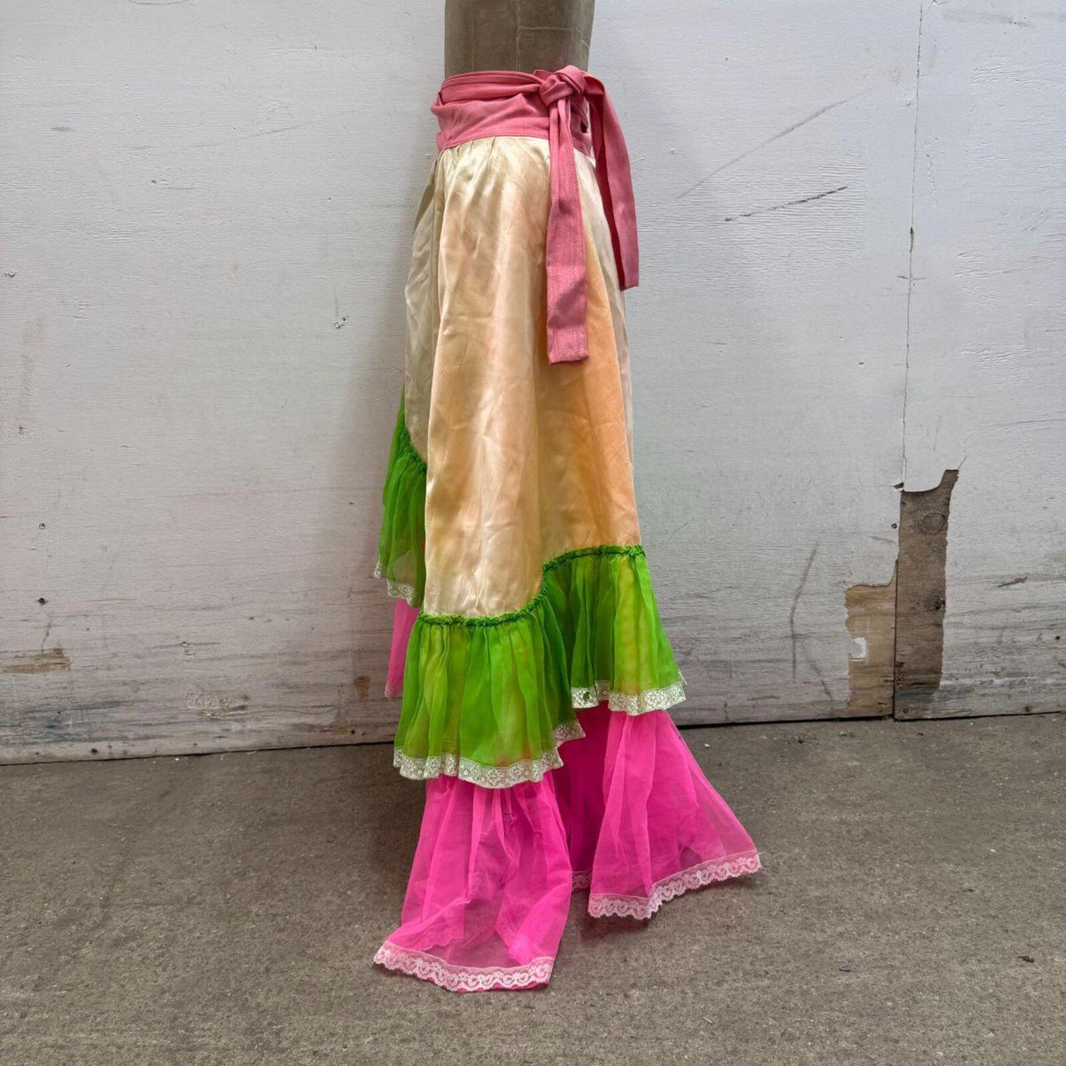 Vintage Broadway Costume 70s Neon Ruffle Maxi Wrap Skirt