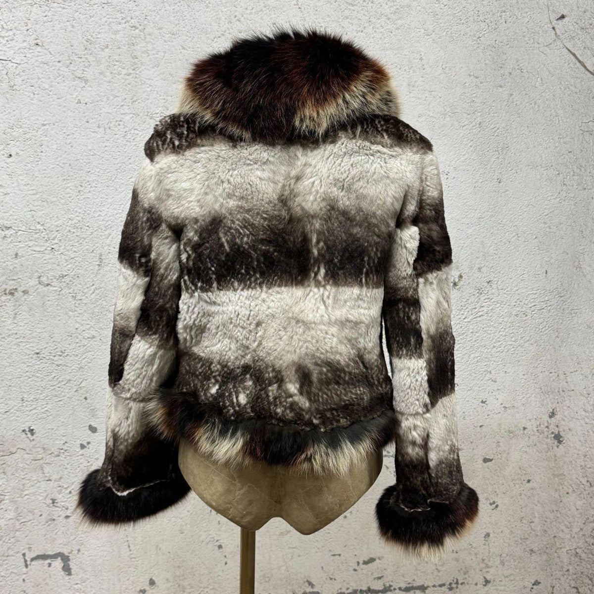 Vintage Y2K Grey Brown Striped Rabbit & Fox Fur Jacket Coat