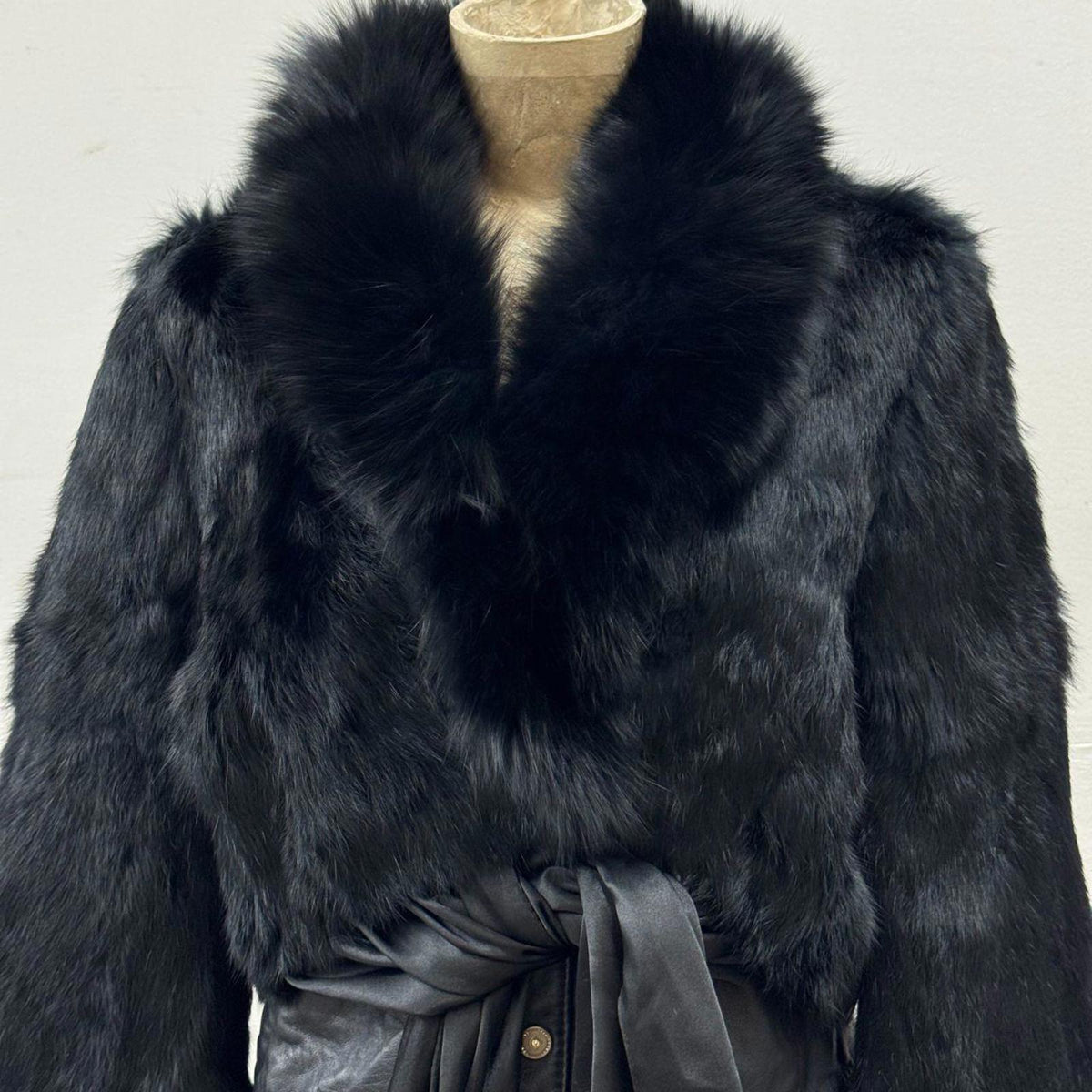 Vintage Y2K Cropped Satin Waist Tie Rabbit Fur & Leather Jacket Coat