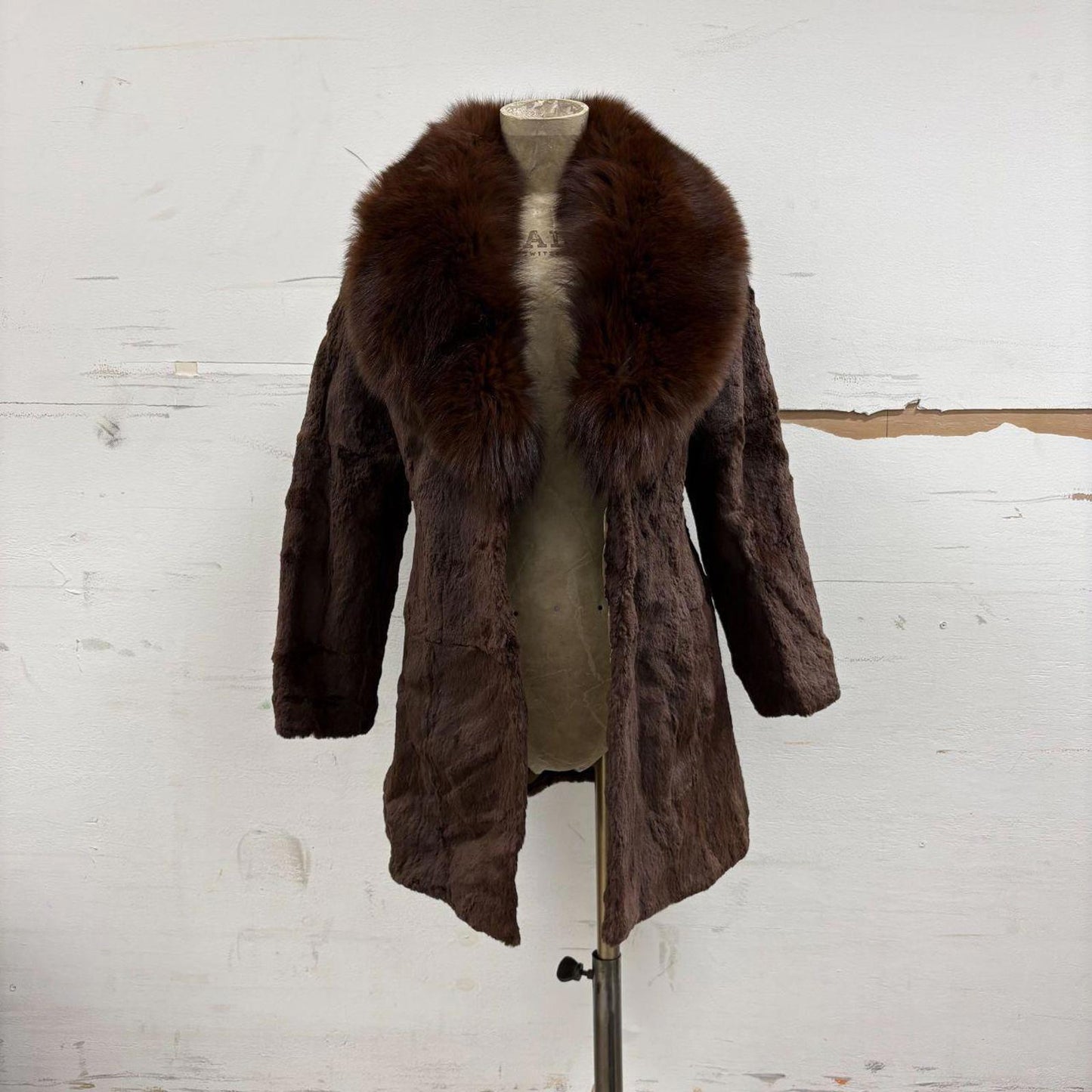 Vintage Brown Rabbit Fur Coat with Oversized Fox Collar