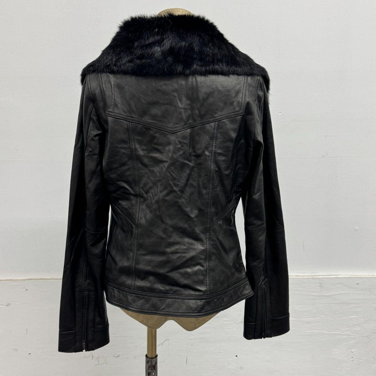 Vintage Black Funnel Rabbit Fur Neck Avant Garde Leather Jacket