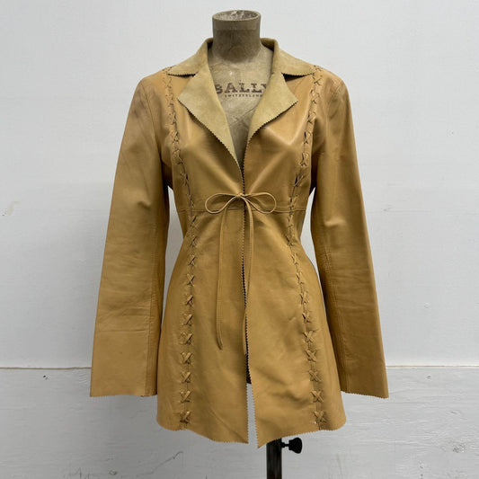 Vintage Y2K Bebe Genuine Leather Whipstitch Corset Tie-Front Jacket