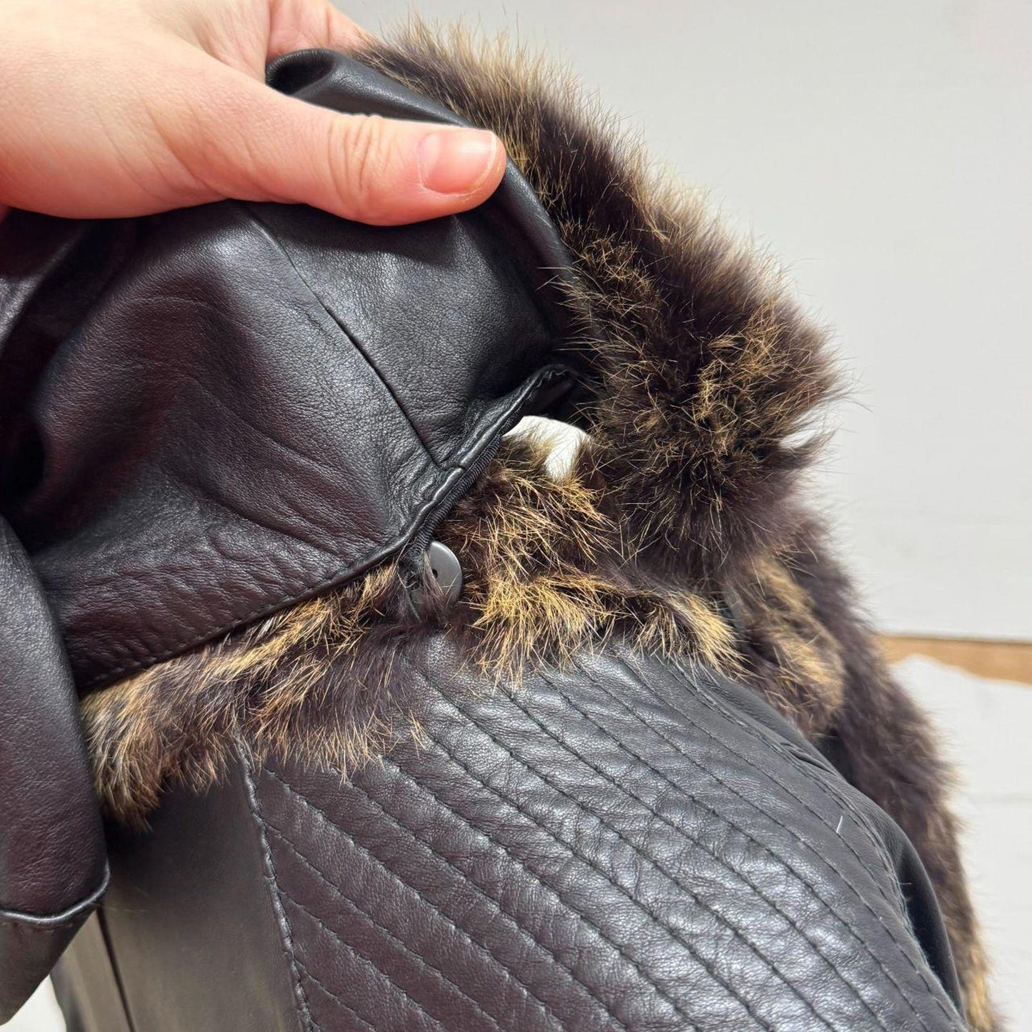 90s Vintage Kri-u Leather & Rabbit Fur Hooded Trench Coat