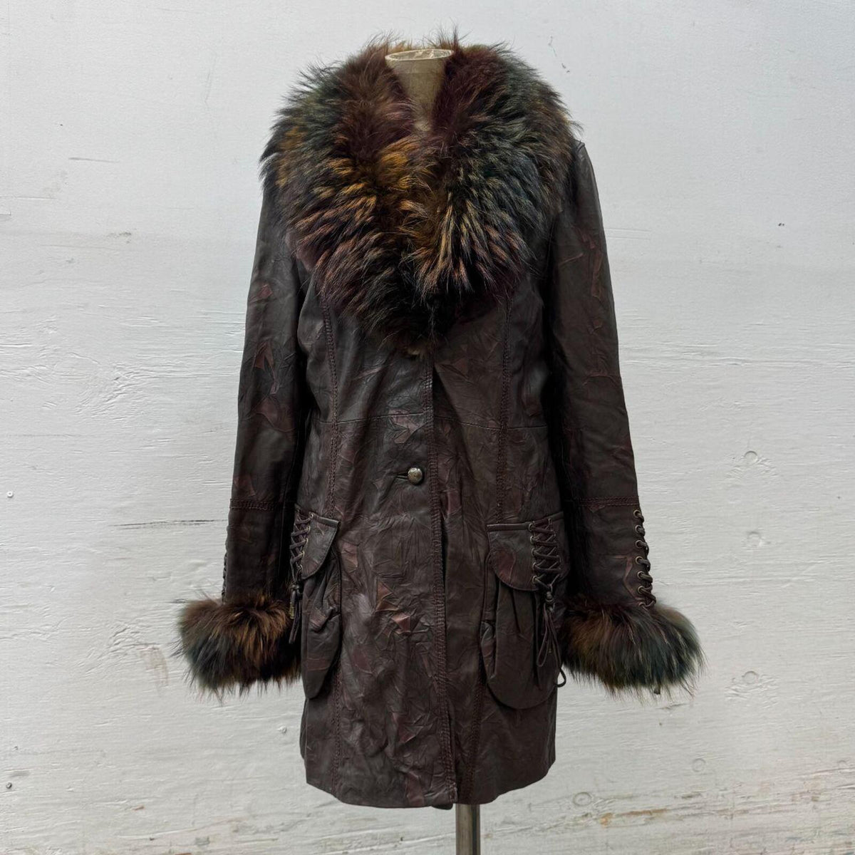 Vintage Y2K Brown Rainbow-Highlight Raccoon & Leather Coat