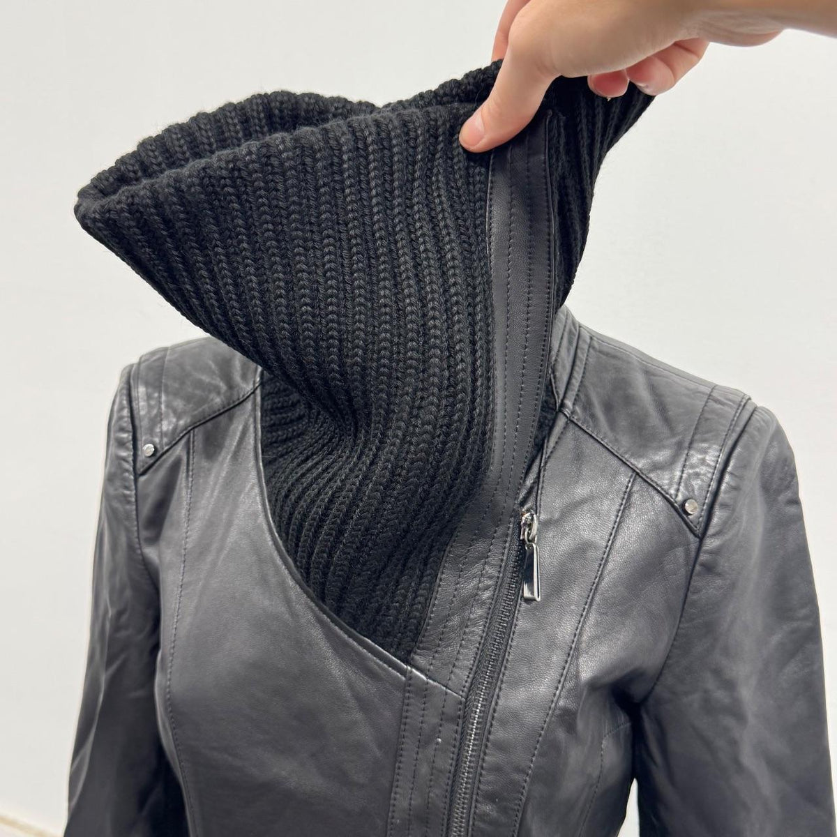 Vintage Black Knit Funnel Neck Longline Avant Garde Leather Jacket