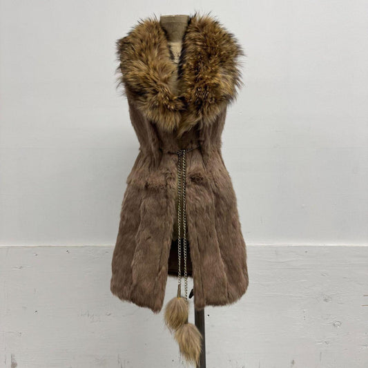 Vintage Y2K Brown Longline Raccoon & Rabbit Fur Vest