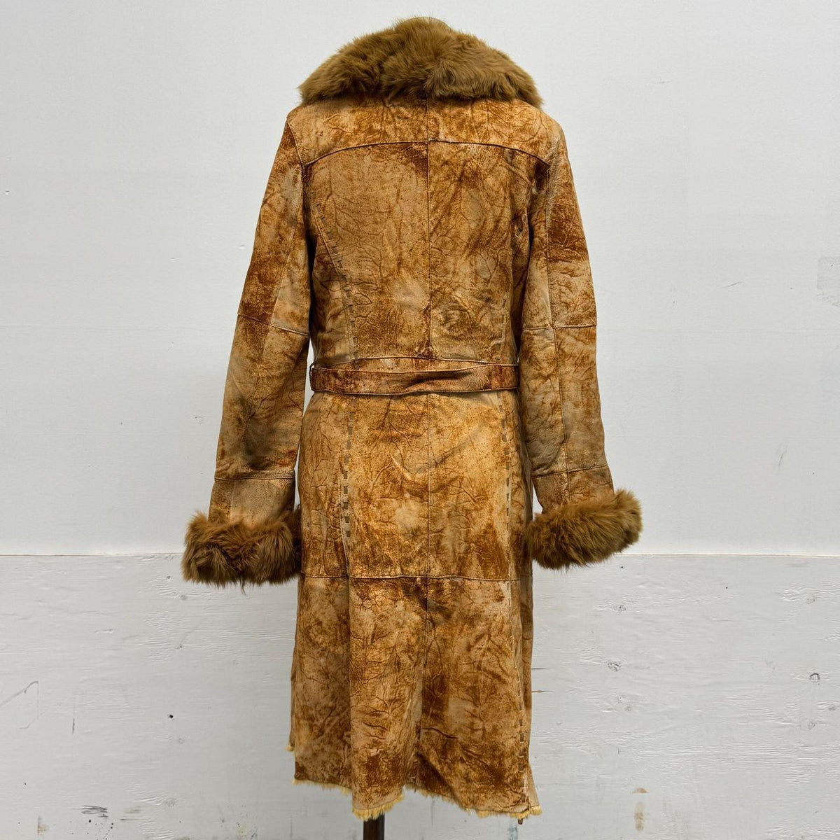 Vintage Y2K Penny Lane Suede Trench Coat w Fox Fur Collar Rabbit Lining