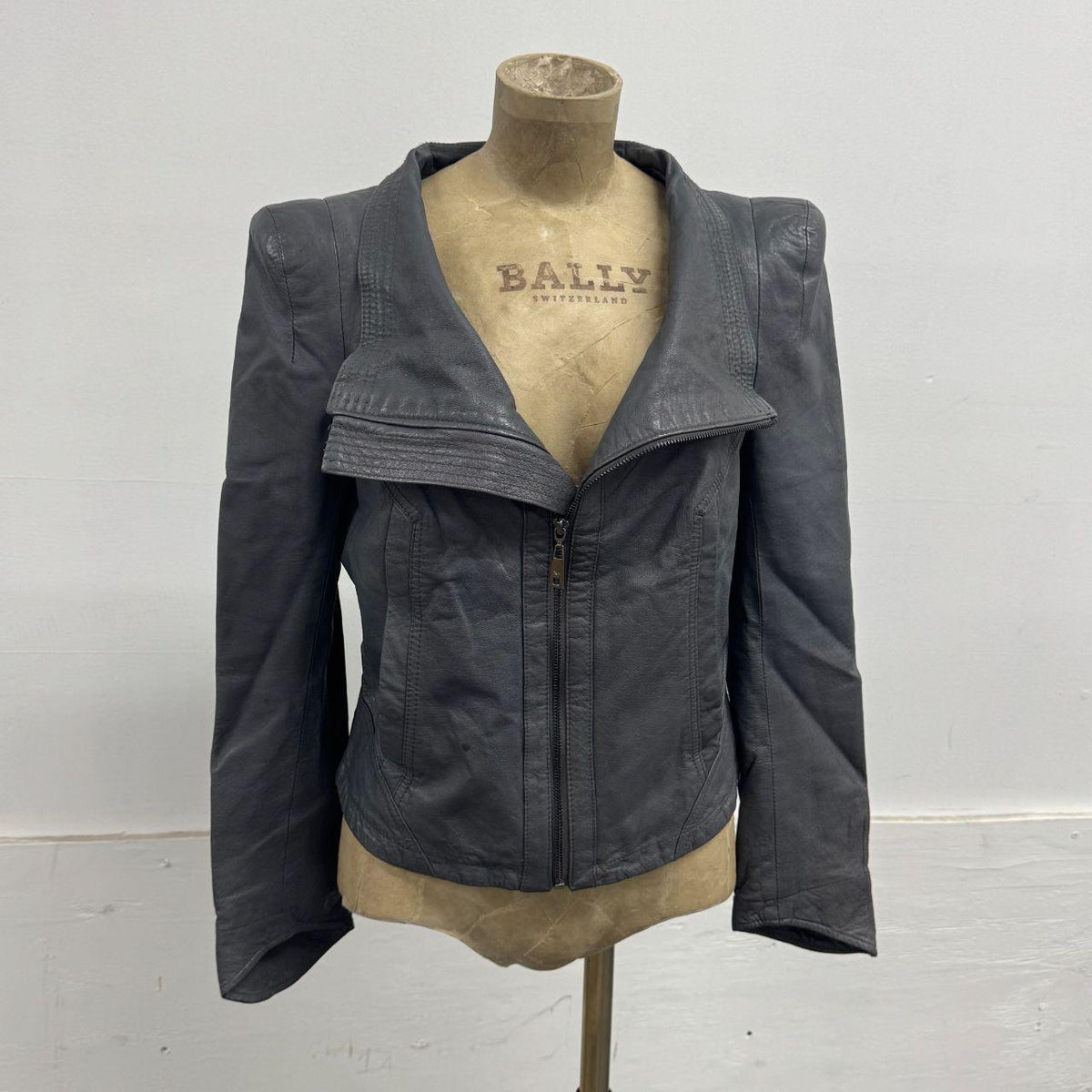 Vintage Grey Funnel Neck Asymmetric Avant Garde Leather Jacket