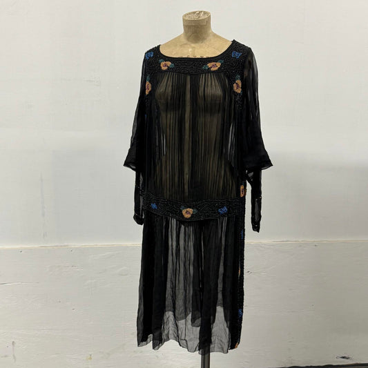 Pristine Vintage Antique 20s Beaded Black Silk Flapper Dress