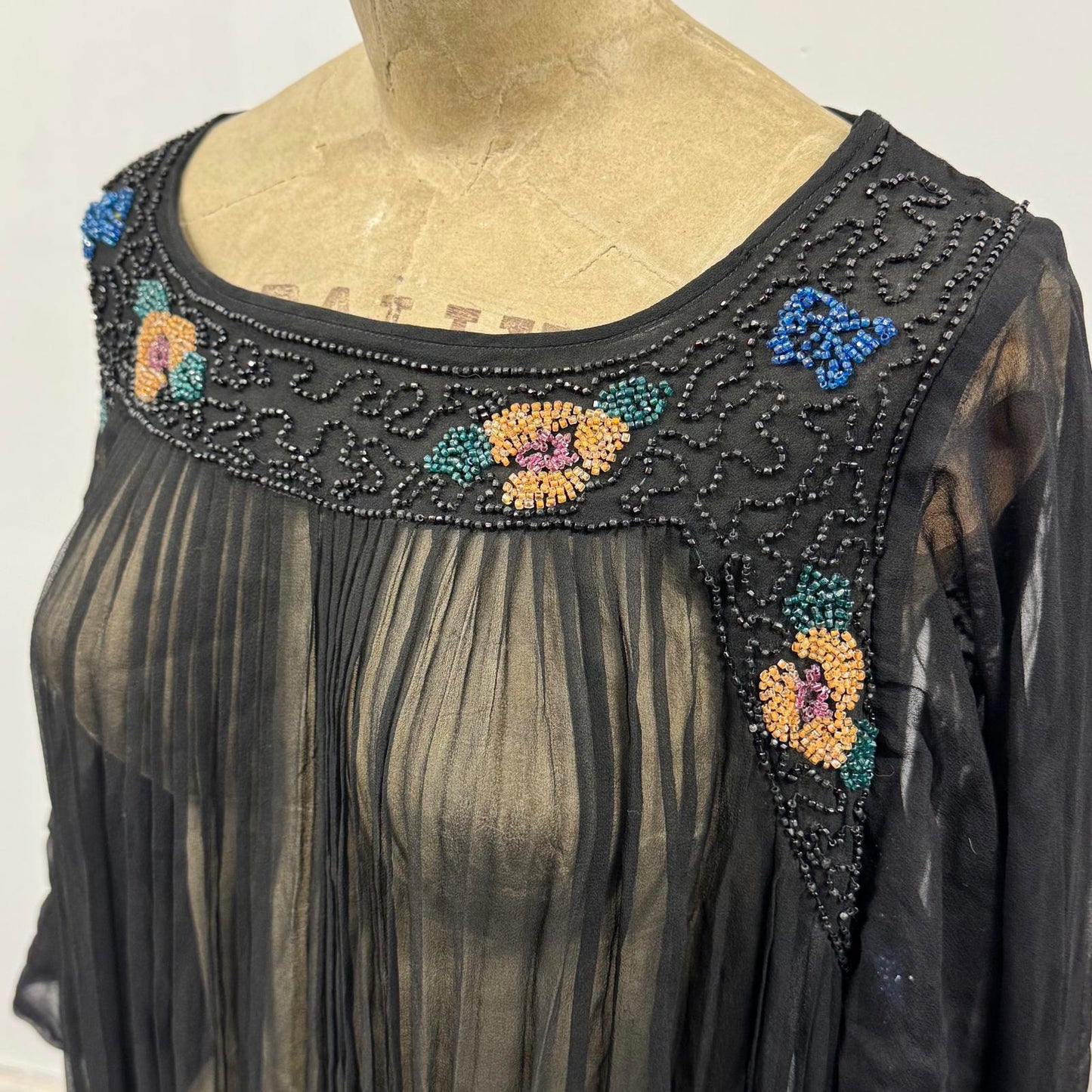 Pristine Vintage Antique 20s Beaded Black Silk Flapper Dress