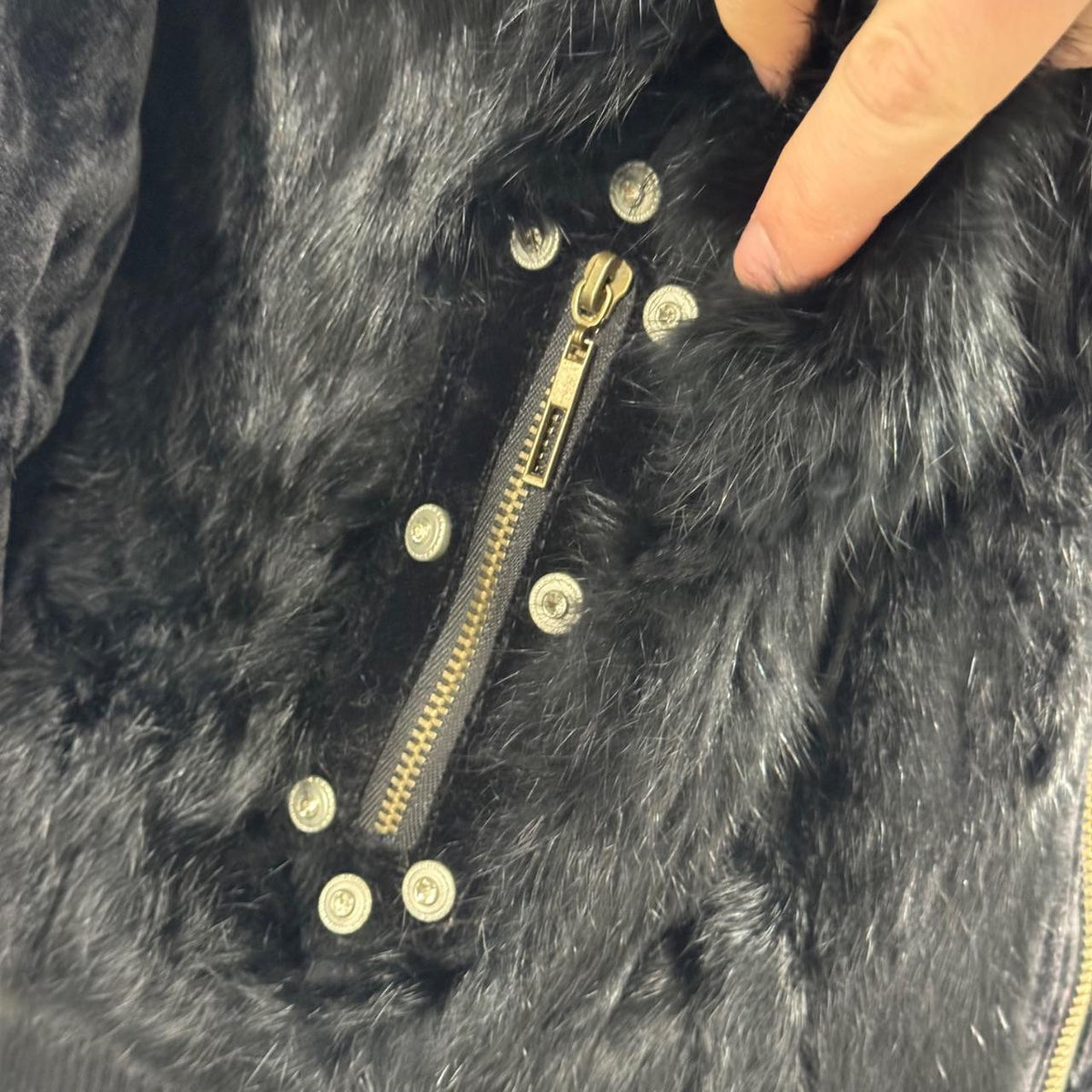 Vintage Y2K Black Plush Rabbit Fur & Velvet Zip-Up Bomber Jacket