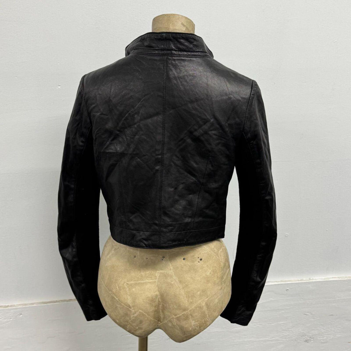 Vintage Black Funnel Neck Asymmetric Crop Avant Garde Leather Jacket