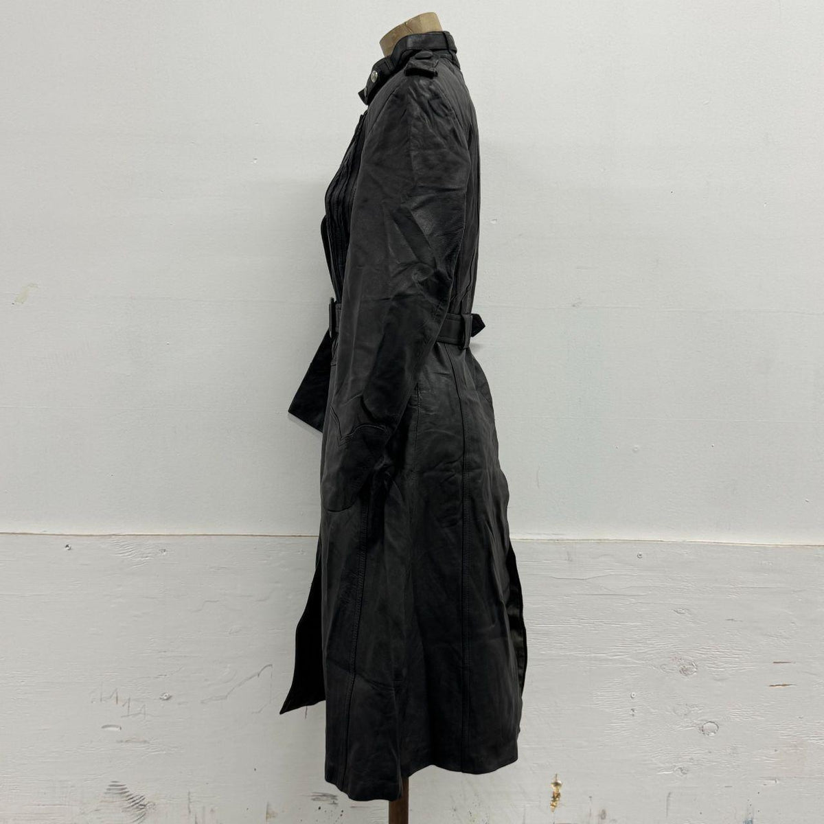 Vintage Genuine Black Leather Military Trench Duster Coat with Belt