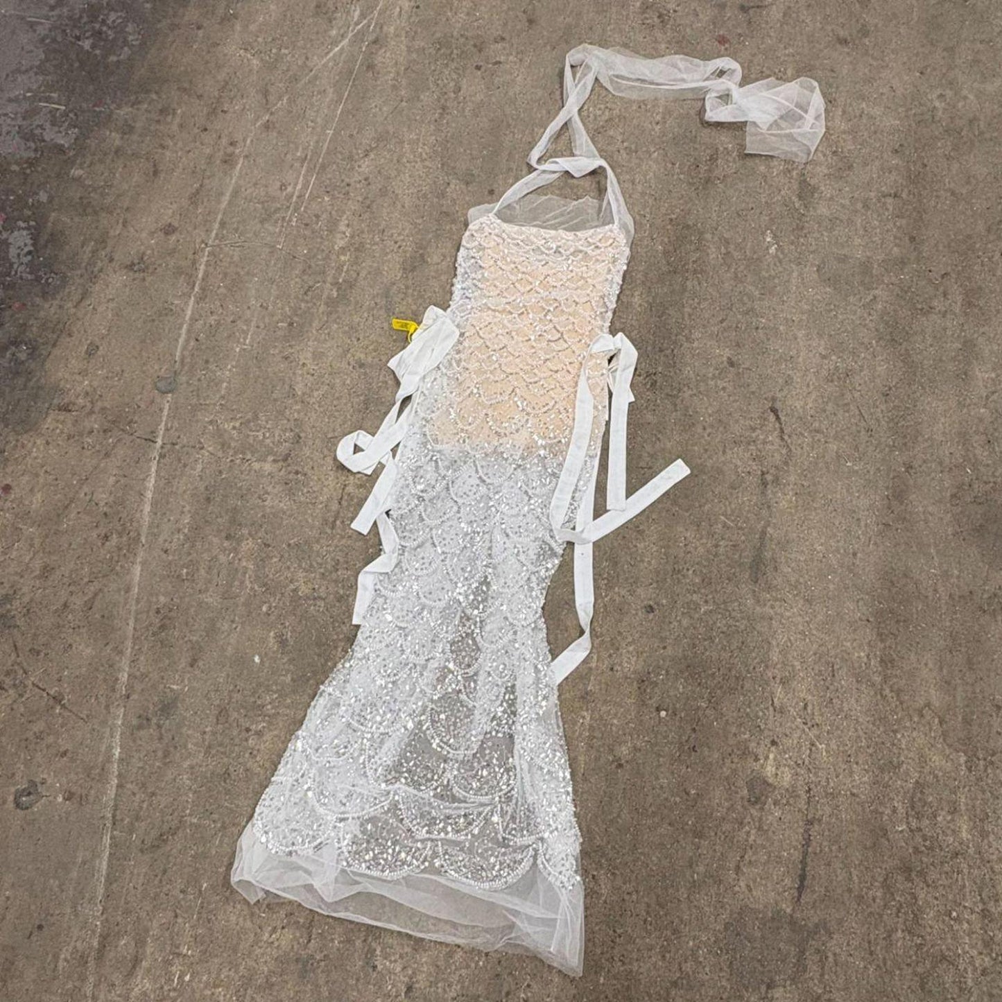 Sheer Silver Sequin Beaded Mermaid Halter Dress