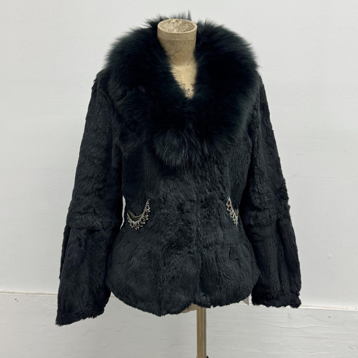 Vintage Black Rabbit & Fox Fur Jacket Rhinestone Detail Coat