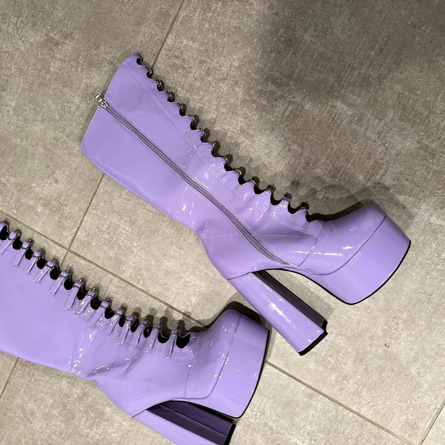 Women's Lilac Patent Leather Platform Lace-Up Ankle Boots