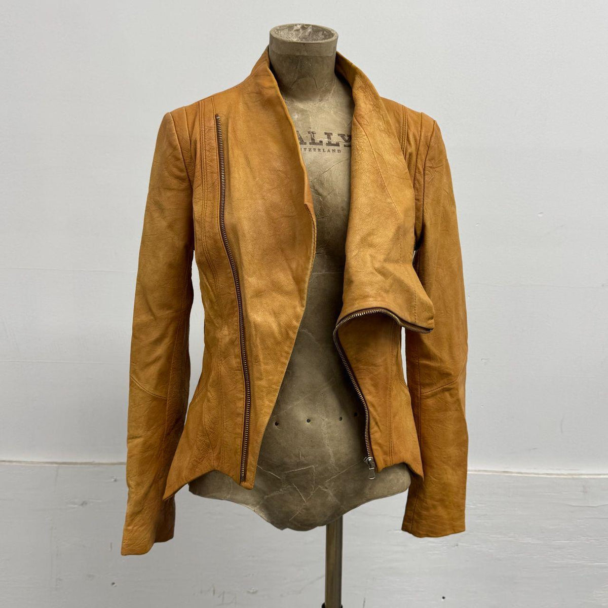 Vintage Tan Funnel Neck Asymmetric Avant Garde Leather Jacket