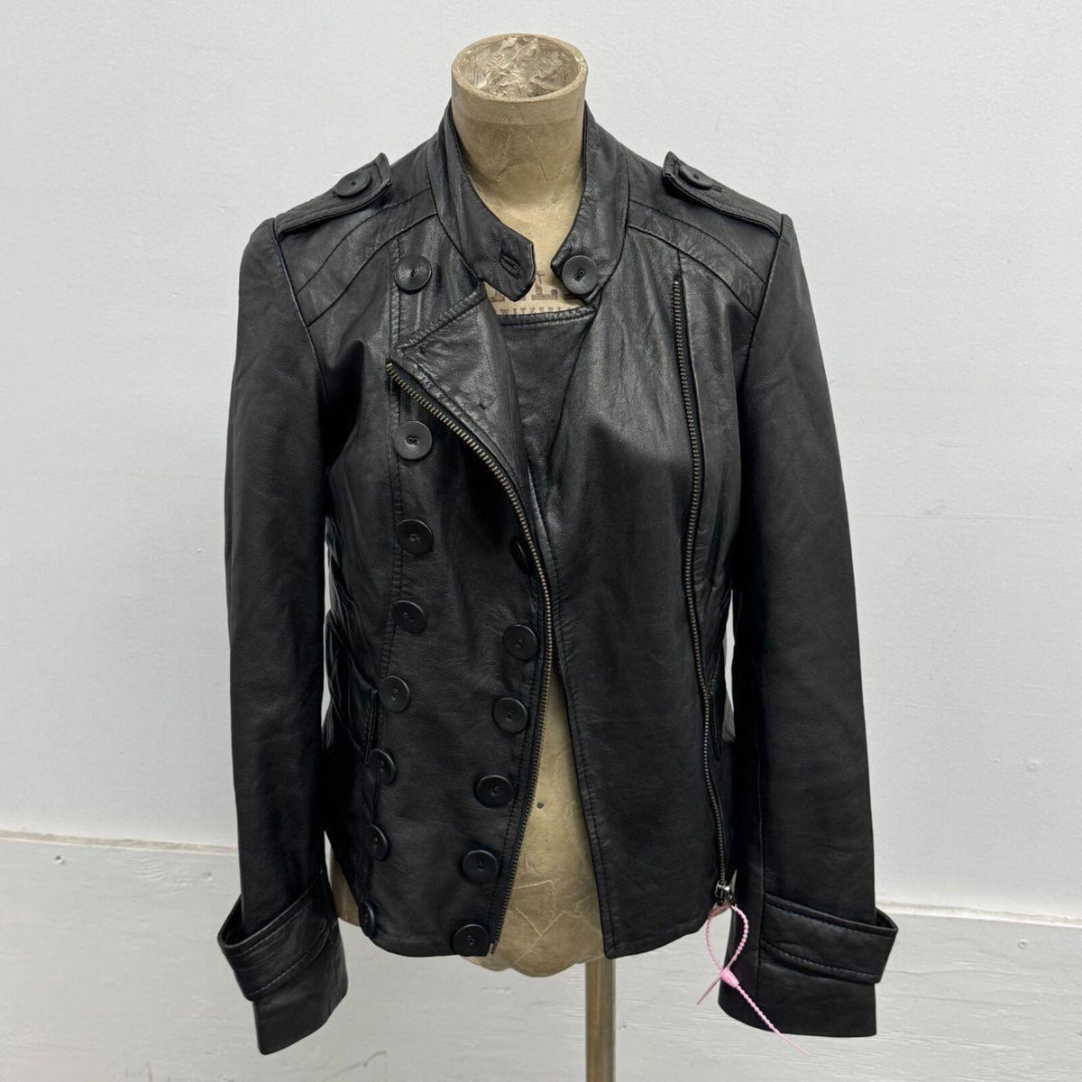 Vintage Black High Neck Military Button Steampink Leather Jacket
