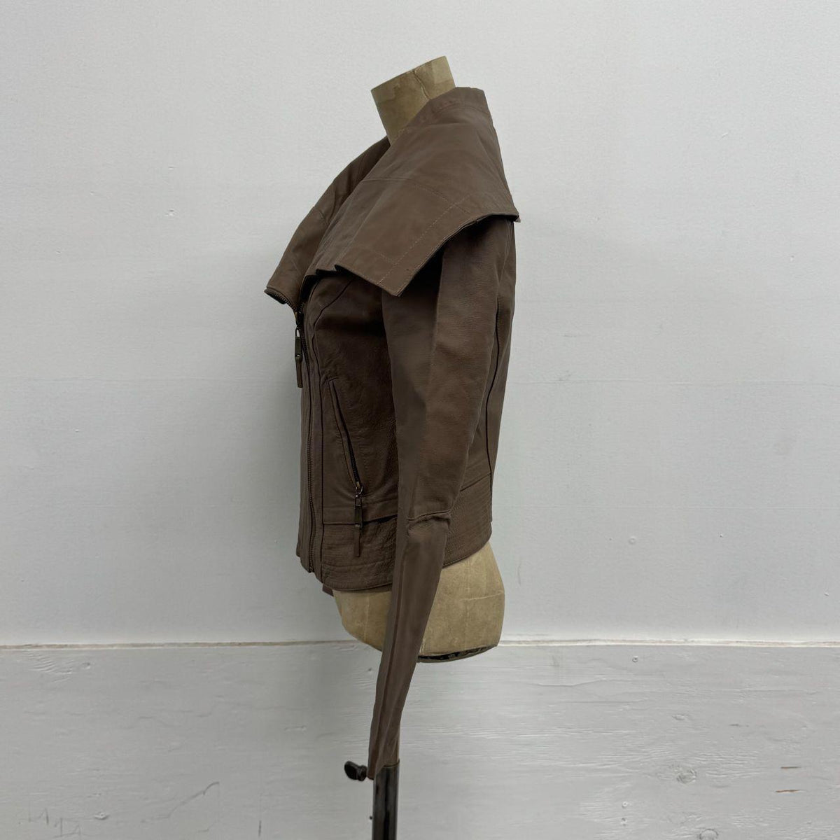 Vintage Brown Funnel Neck Asymmetric Avant Garde Leather Jacket
