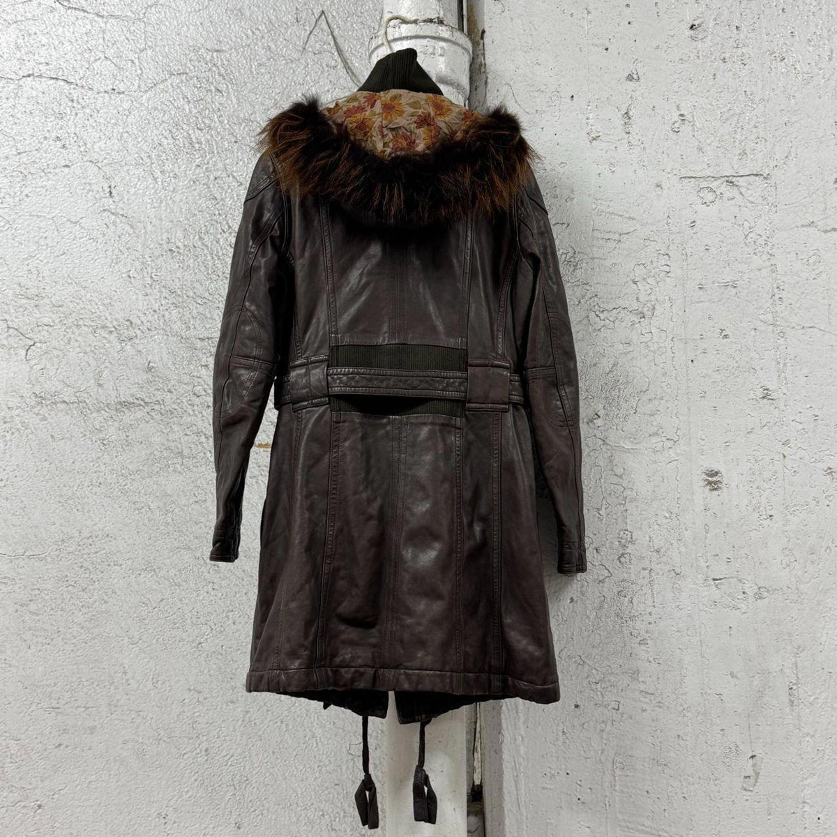 Vintage Y2K Genuine Fur-Trimmed Leather Longline Parka Coat Brown