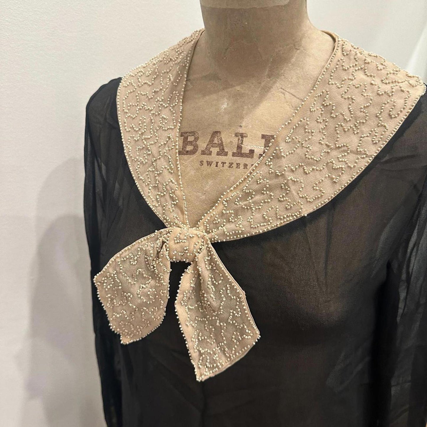 Black Ivory Silk Beaded Sailor Flapper 20s Dress Antique