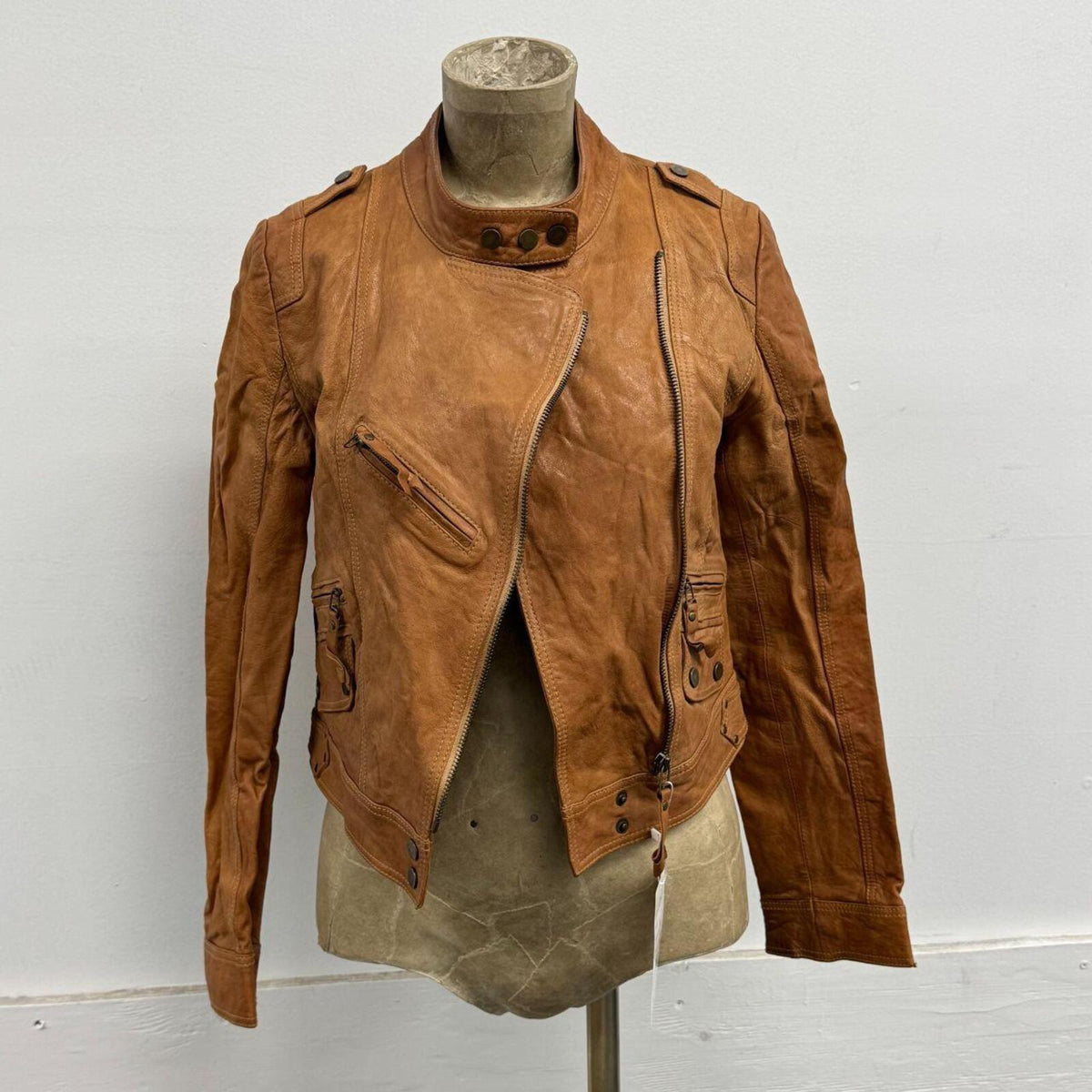 Vintage Tan Cargo Moto Leather Jacket