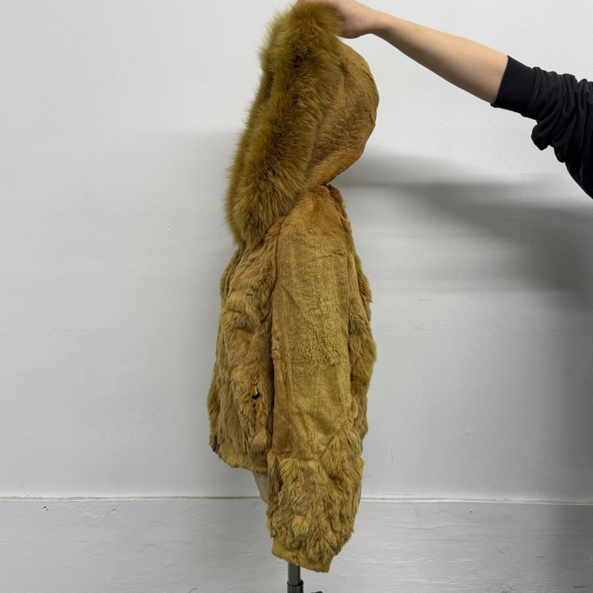 Vintage Y2K Hooded Gold Rabbit & Fox Fur Jacket Coat