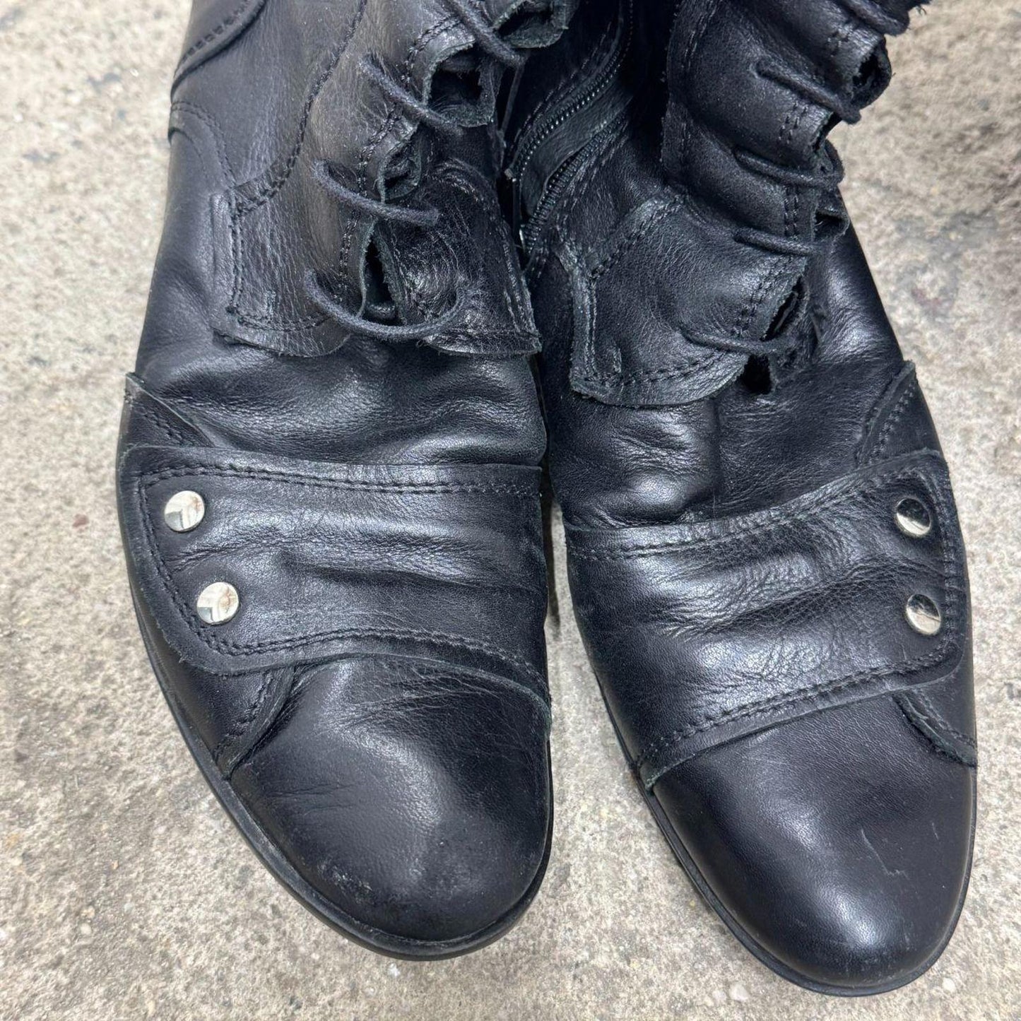 Vintage Luzzi Black Genuine Leather Lace-Up Tall Biker Boots