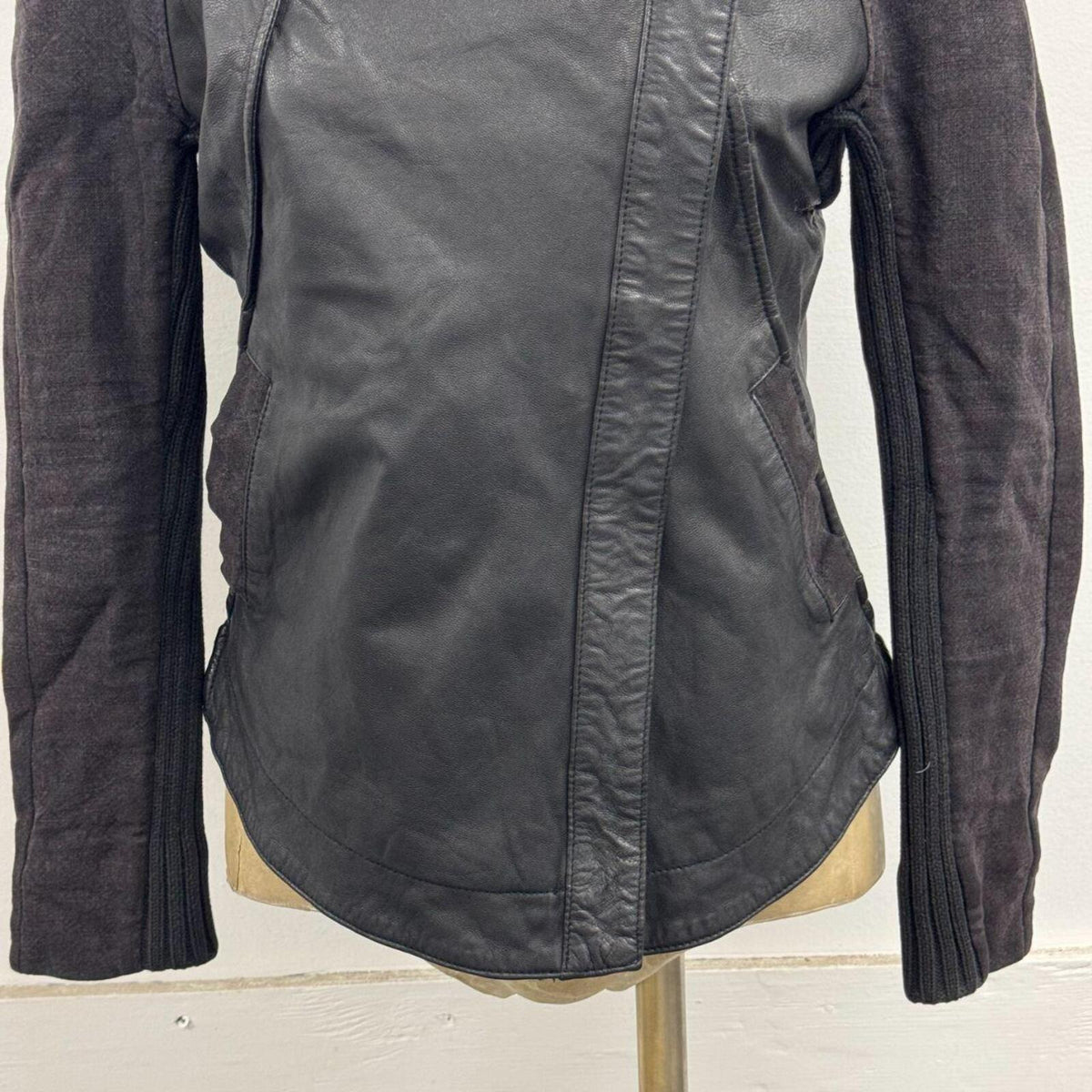 Vintage Black Funnel Neck Asymmetric Avant Garde Leather Jacket