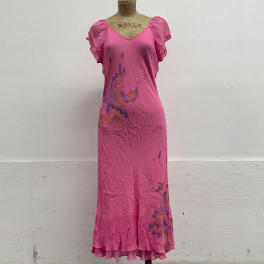 Vintage Y2K Hand-Painted Bubblegum Pink Silk Flutter Midi Dress